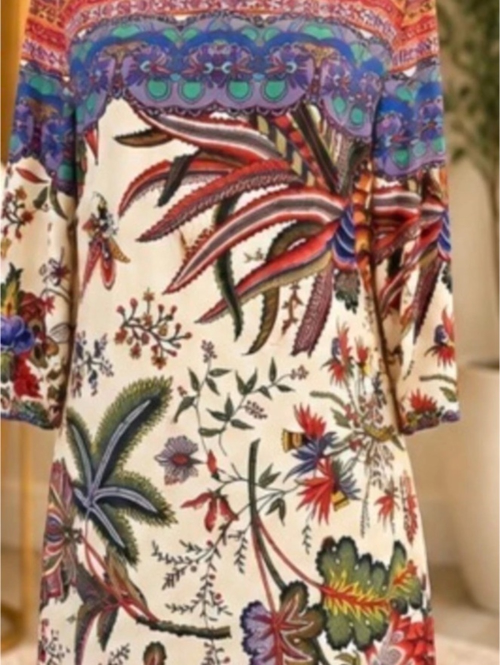 Desigual Women’s 42 Floral Botanical Insect Print Shift Dress Boho 3/4 Sleeve